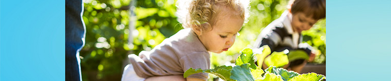 Small child in diapers squatting down and grabbing plant