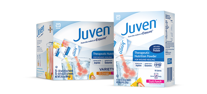 A box of Juven in variety of flavors, a box of Juven in fruit punch